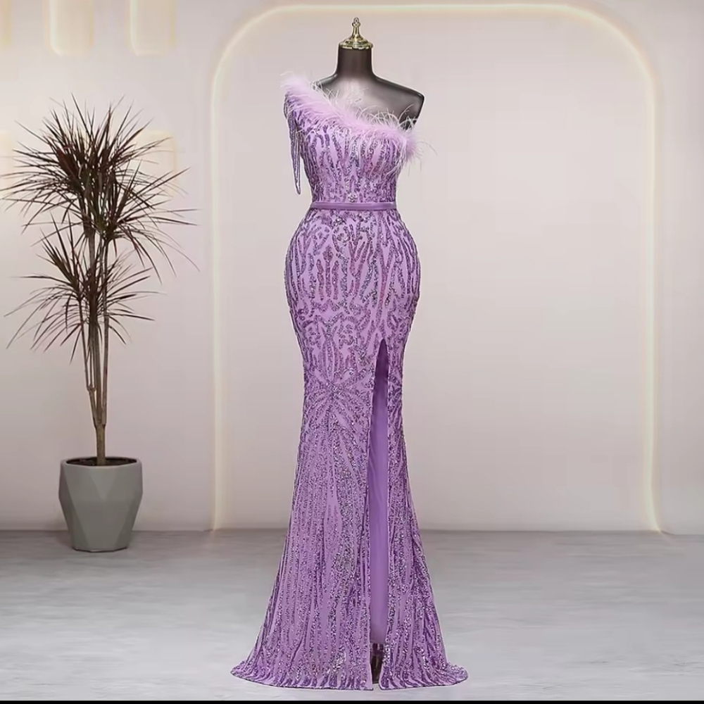 Purple,  Geo Print, Assymmetrical Neck,  Ostrich Feather, Beaded,  Sequined Gown - Picture 12 of 16